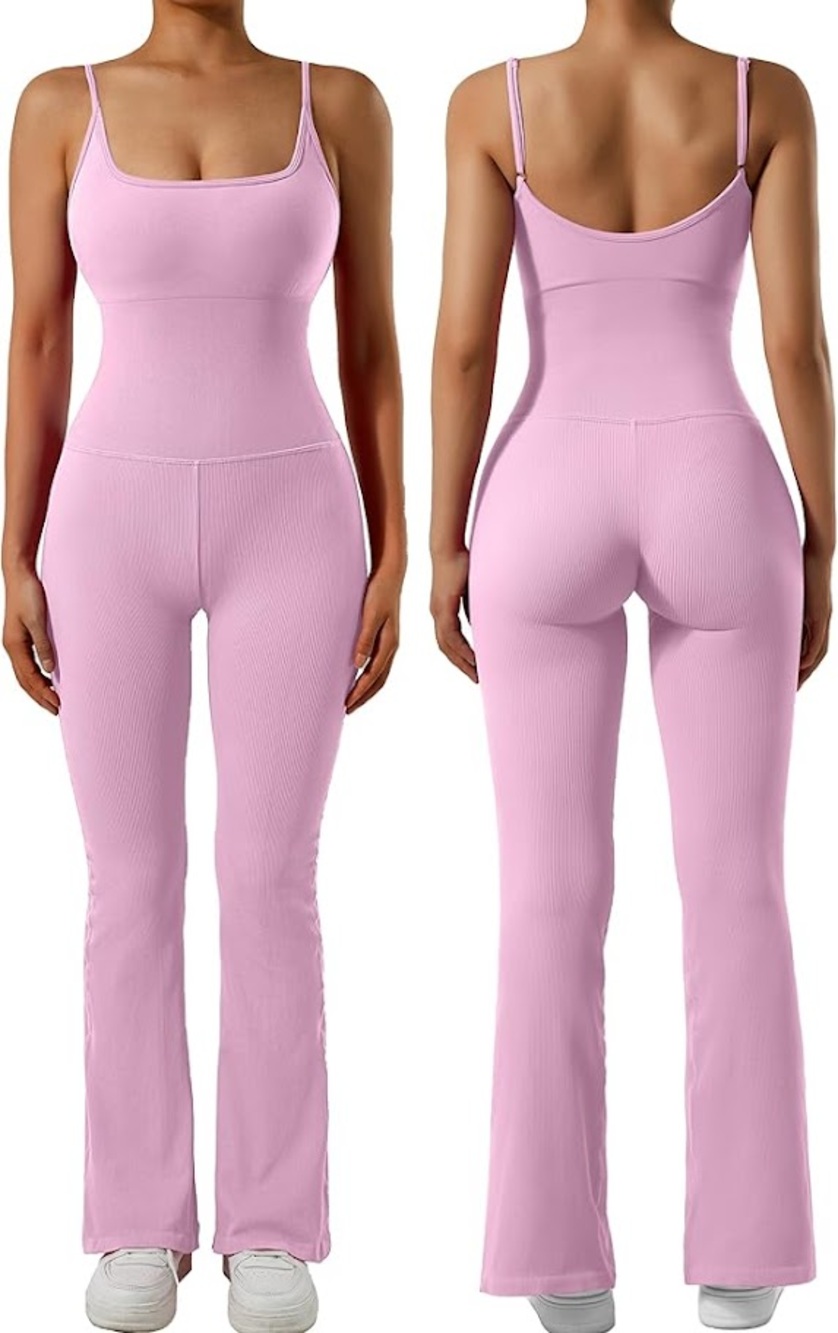 Women Ribbed Flare One Piece Jumpsuit Seamless Padded Sexy Jumpsuit Pink Medium